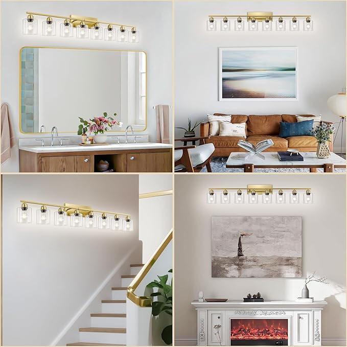 8 Light Bathroom Light Fixtures Gold, Brushed Gold Vanity Lights for Bathroom with Clear Glass, 51 inch Wall Sconce for Oversized Mirrors Living Room Bedroom Hallway E26 Base