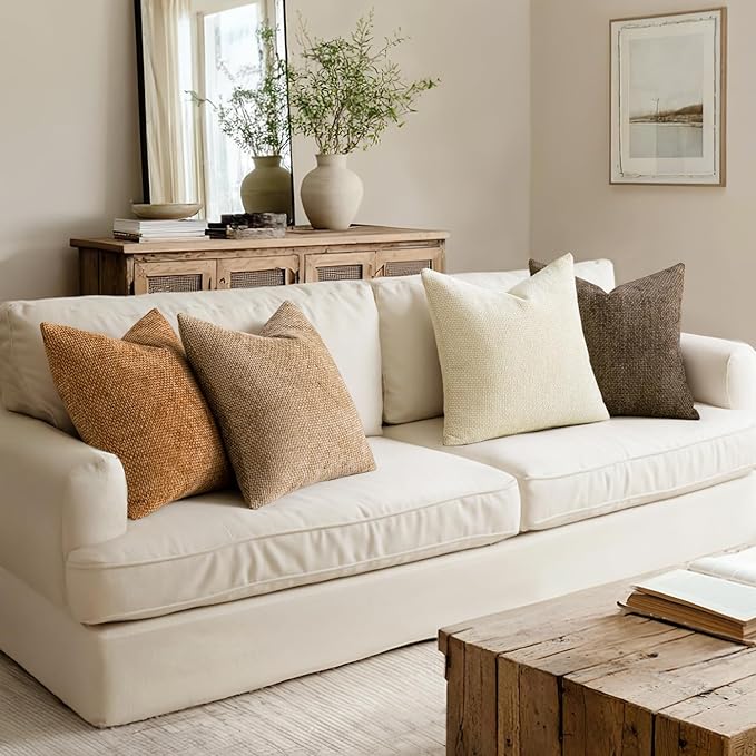 MIULEE Pack of 4 Brown Couch Throw Pillow Covers 18x18 Inch Soft Fall Decorative Chenille Pillows Farmhouse Accent Cushions for Boho Home Decor Spring Sofa Bedroom Living Room