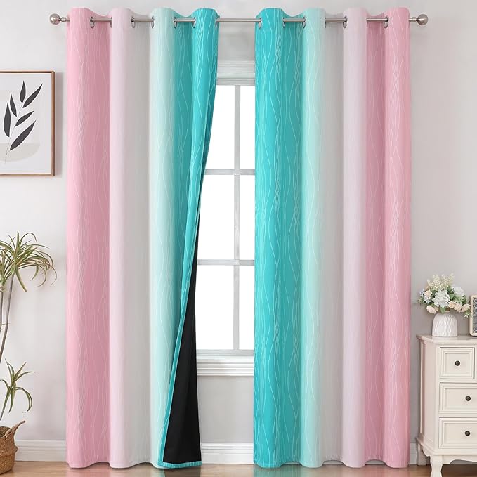 Estelar Textiler Pink and Teal Gradient Blackout Curtains for Bedroom, Thermal Insulated Ombre Drapes 84 Inches Long, Full Room Darkening Energy Saving Curtains for Living Room, 52Wx84L, 2 Panels