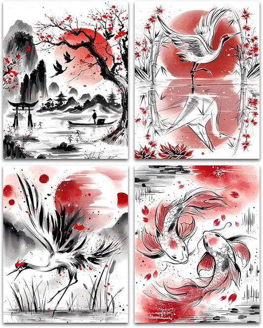 Japanese Wall Art Prints,Japanese Ink Art,Nature Watercolour Art Koi Landscape Canvas Painting Black and Red Posters Prints Pictures for Living Room Home Decor Set of 4("8x10"Unframed)
