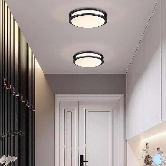 16 Inch Black Flush Mount Ceiling Light Fixture for Bedroom Bathroom, Matt Black LED Ceiling Light 3000K/4000K/5000K Dimmable Flush Mount LED Hallway Fixture, 16in, 25W