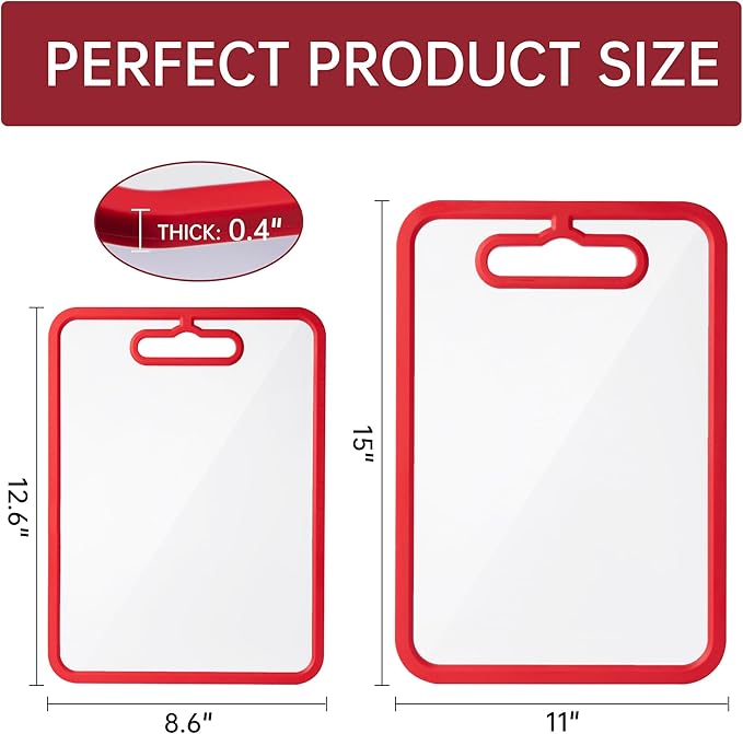 Glass Cutting Board for Kitchen, 2Pcs Tempered Glass Chopping Board with Non-Slip Edges, Dishwasher Safe Clear Cutting Board Set for Countertop, Heat & Shatter Resistant, (Red) 15"×11"