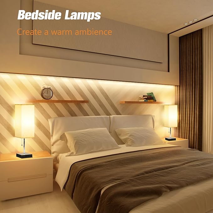 Table Lamp for Bedroom Set of 2, Bedside Lamps with 3 Color Temperatures Night Light, Lamp for Night Stands with AC Outlet and Square Shade, Pull Chain Small Desk Lamp for Living Room Home Decor