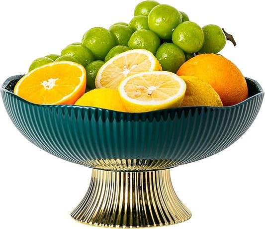 Ceramic Fruit Bowl,10” Pedestal Bowl, Decorated Fruit Tray for Kitchen Counter and Dining Table, Footed Bowls for Afternoon Tea Parties, Bread and Salad Bowl with Golden Feet. (green)