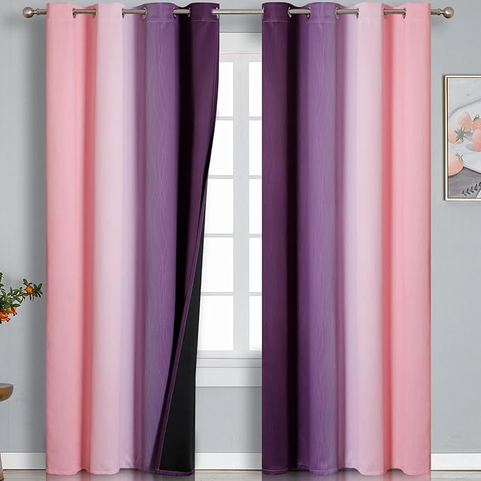 Estelar Textiler Pink and Purple Ombre Blackout Curtains 90 Inches Long 2 Panels Set, Thermal Insulated Gradient Drapes for Bedroom, Full Room Darkening Energy Saving Curtains for Living Room,52Wx90L