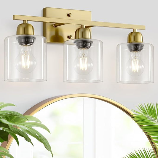 3 Light Gold Bathroom Light Fixtures, Modern Bathroom Vanity Lights with Clear Glass, Gold Vanity Mirror with Lights for Mirror Living Room Bedroom Hallway E26 Base