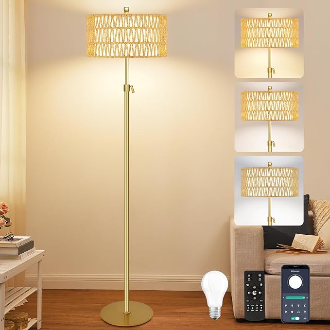 Gold Floor Lamps for Living Room Rattan Boho Floor Lamp with Remote Control,Dimmable Wicker Floor Lamp Modern Standing Lamp with 3 Color Temperature Brass Tall Floor Lamps for Bedroom Corner