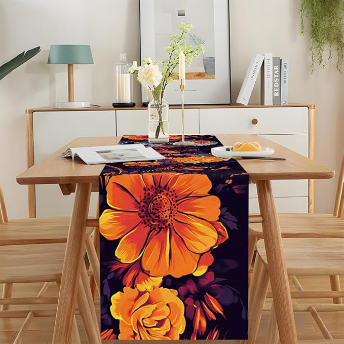 ANNA QUEEN Skull Flower Halloween Table Runner 13 x 72 Inch for Dining Table, Table Runner for Fall Dining Decor Indoor Outdoor Party Home Table Halloween Decoration