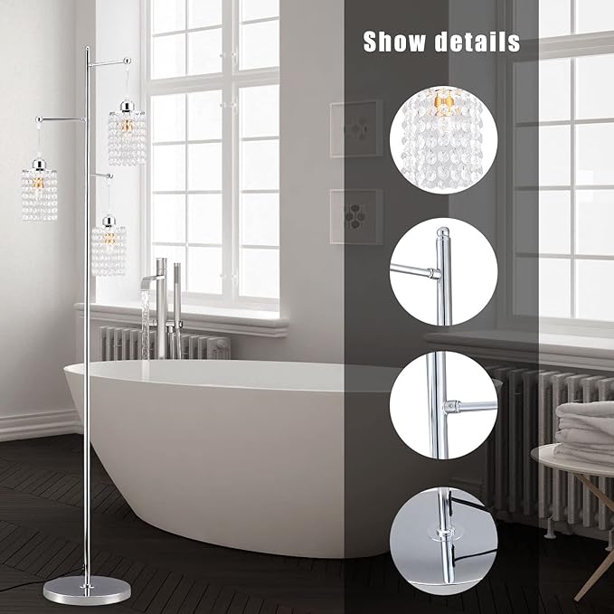 beaysyty Art Decor Crystal Floor Lamp 3-Light Contemporary Crystal Lampshade for Living Room,Bedroom,Office,Bulb Included,Chrome Finish