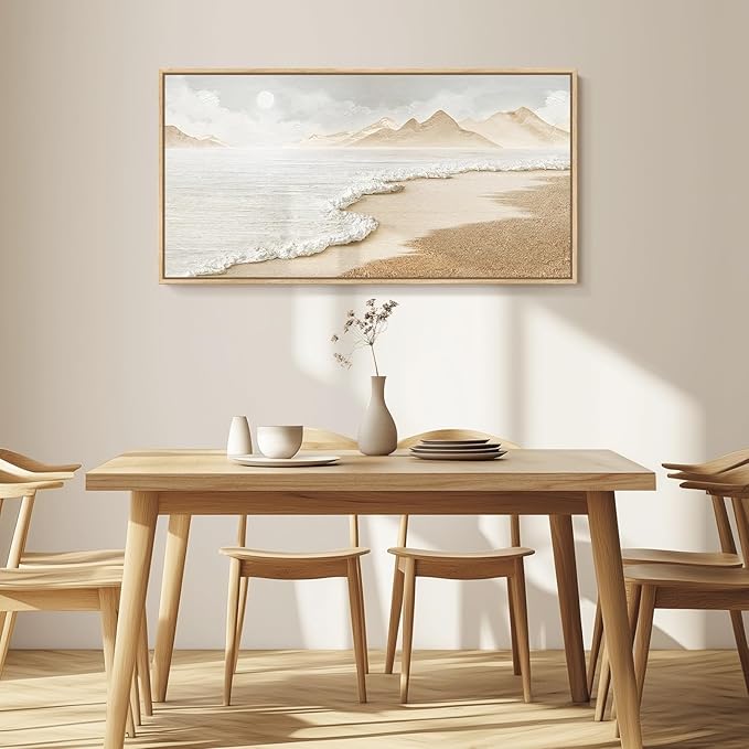 Framed Boho Beach Coastal Wall Art for Living Room, Large Neutral Ocean Canvas Artworks for Walls, Horizontal Abstract Minimalist Coastal Art Print for Bedroom Kitchen Office Wall Decor, 20x40 Inch
