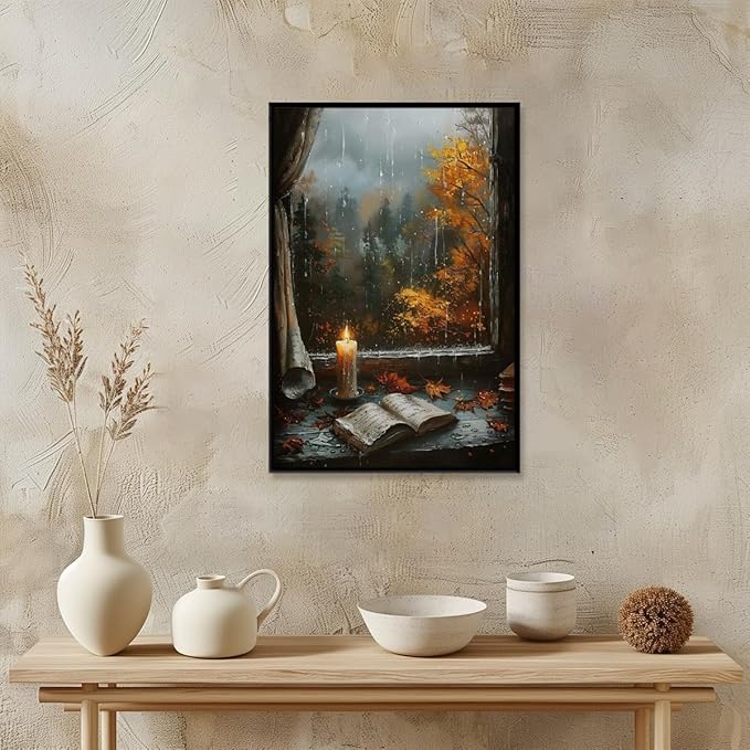 Fall Canvas Wall Art Cozy Bookish Posters Autumn Pictures Prints Moody Dark Cottagecore Academia Art Room Living Wall Decor 8x12inch black framed