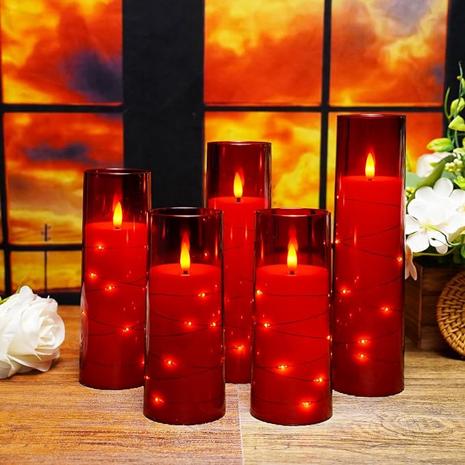 Flameless LED Candles with Timer 5 Pc Flickering Flameless Candles for Romantic Ambiance and Home Decoration Stable Acrylic Shell,with Embedded Star String,Battery Operated Candles(Red)