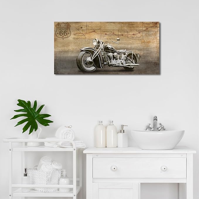 arteWOODS Vintage Motorcycle Canvas Wall Art - Historic Route 66 Retro Vehicle Pictures for Men Boys Bedroom Wall Decor Modern Motorcross Canvas Print Artwork Home Office Wall Decoration 20" x 40"