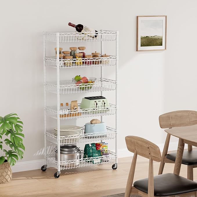 6 Shelves Storage Shelf Wire Closet Bathroom Organizers Metal Pantry Kitchen Garage Shelving Unit Laundry Room Organization Home Rack Net Basket White with Wheels 30" Dx14 Wx65 H