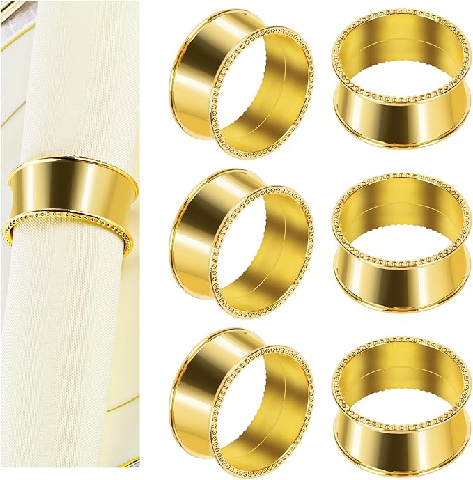 12 Pcs Stainless Steel Bead Side Napkin Rings Delicate Serviette Buckles (Gold)
