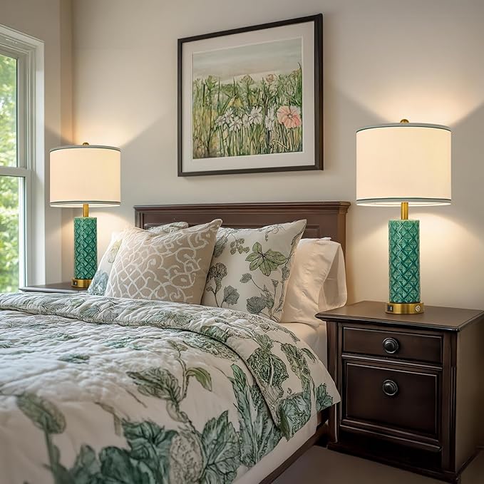 Set of 2 Table Lamp for Living Room Bedroom Farmhouse,26'' Touch Control Bedroom Turquoise Ceramic Lamps 3-Way Dimmable Bedside Lamps with USB A+C Ports Linen Shade for Home