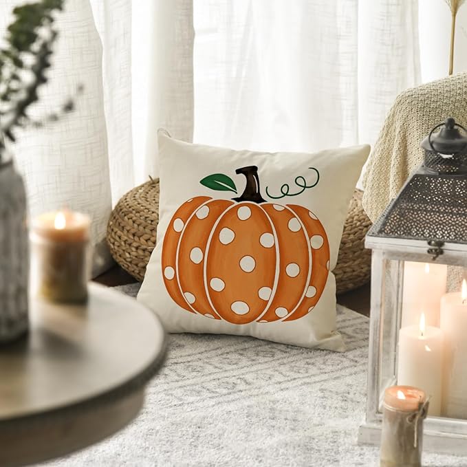 AVOIN colorlife Fall Polka Dots Pumpkin Throw Pillow Cover 18x18 Inch, Seasonal Autumn Thanksgiving Harvest Decoration for Home Sofa Couch