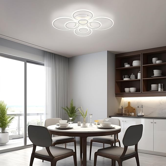 Modern LED Ceiling Light, White 8 Rings Flush Mount Ceiling Light, 4000K Lighting Fixture Ceiling Lamp for Kitchen, Bedroom, Living Room, Dining Room
