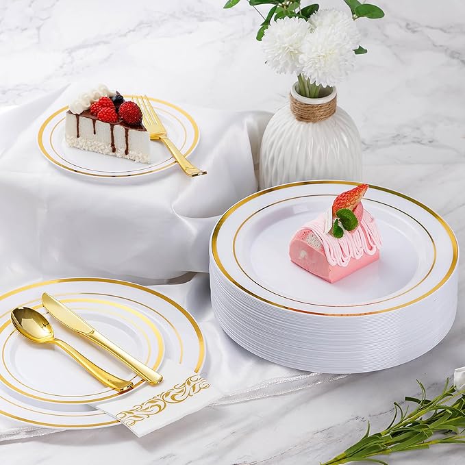 Goodluck 350 Piece Gold Dinnerware Set for 50 Guests, Plastic Plates Disposable for Party, Include: 50 Gold Rim Dinner Plates, 50 Dessert Plates, 50 Paper Napkins, 50 Cups, 50 Gold Silverware Set