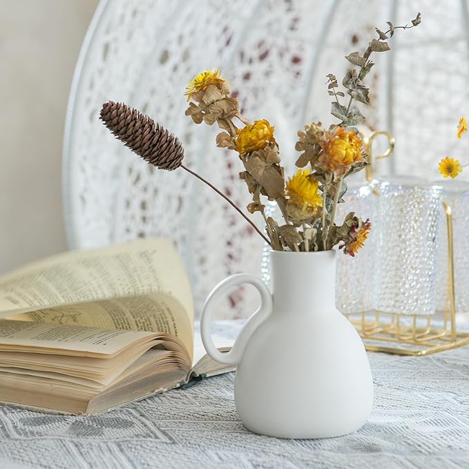 White Ceramic Vase Set - 2 Small Vases with Handle, Pottery Vases for Modern Home Decor, Minimalist Matte Pitcher for Fowers, Decorative Clay Vase Centerpiece Dining Table Decorations