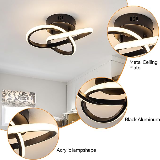 10 Inch Modern Ceiling Light, 24W LED Dimmable Ceiling Light with Remote Control, 3000-6000K Color Temperature Adjustable, Balck Small Chandelier for Bedroom, Entryway, Hallway, Kitchen