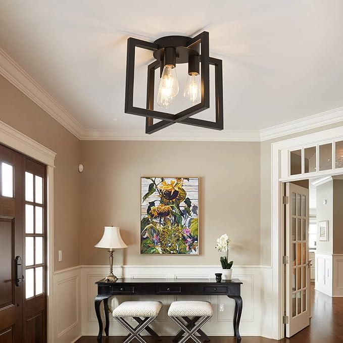 ZGLAOJT 3-Lights Ceiling Light Fixture,Industrial Black Semi Flush Mount Chandelier,Ceiling Lighting for Kitchen Living Room Bedroom Farmhouse Hallway Foyer