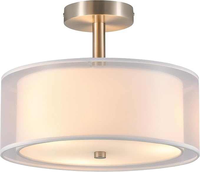 VONLUCE Semi Flush Mount Ceiling Light, 13'' Ceiling Light Fixture with 2-Layer Fabric Shade, 3-Light Modern Drum Light Fixture for Bedroom Living Room Entryway Hallway, White Shade & Nickel Finish