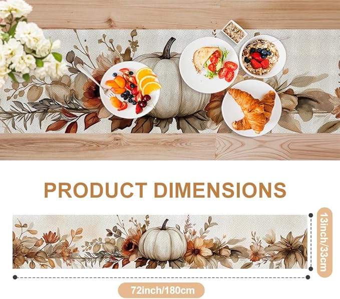 ANNA QUEEN Fall Pumpkin Leaf Table Runner 13 x 72 Inch for Dining Table, Table Runner for Seasonal Autumn Kitchen Dining Table Decoration for Home Party Decor Thanksgiving Harvest