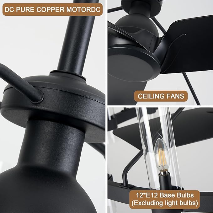 Black Ceiling Fans with 12 Lights Wagon Wheel Chandelier, 38 Inch Modern Farmhouse Fandelier, Quiet 6-Speed Reversible DC Motor, 1/2/4H Remote Timing for Living Room/Bedroom/Kitchen