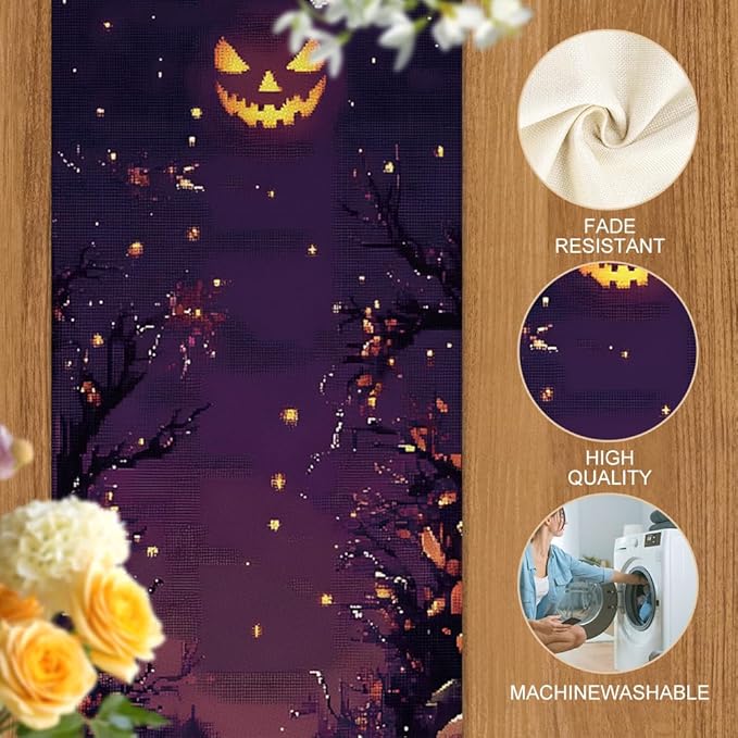 ANNA QUEEN Candle Pumpkin HalloweenTable Runner 13 x 72 Inch for Dining Table, Table Runner for Halloween Holiday Dining Decor Indoor Outdoor Party Home Table Decoration