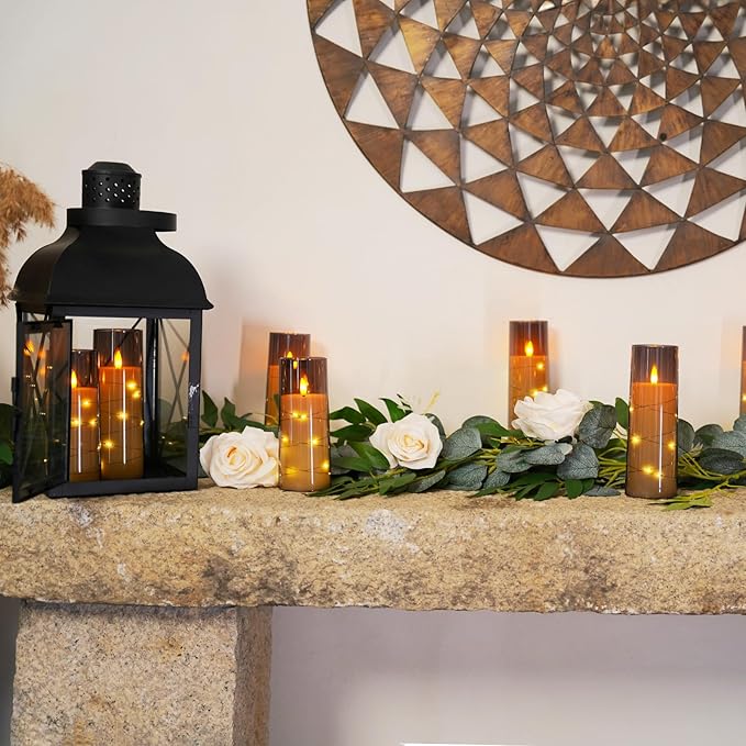 Raycare Flameless LED Candles with Embedded Star String, 9 Pcs Battery Operated Acrylic Pillar Candles with Timer and Remote, Flickering for Romantic Ambiance and Home Decoration (Grey)