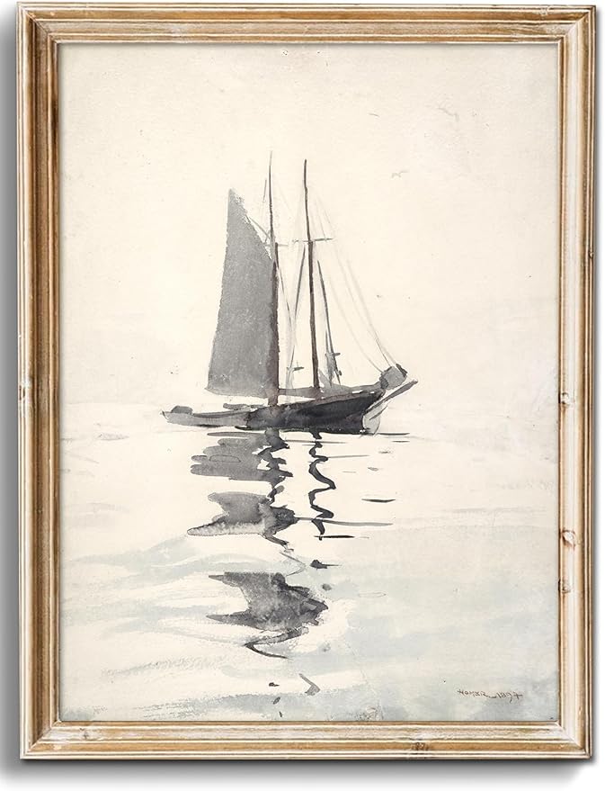 uniro Vintage Coastal Sailboat Wall Art Prints, Neutral Nautical Wall Decor Lake Sea Wall Painting Canvas Prints, Antique Boat Drawing for Coastal Decor, Vintage Nautical Painting Picture Artwork for Bedroom Bathroom Living Room decor ( 8" x 10"-UNFRAMED)