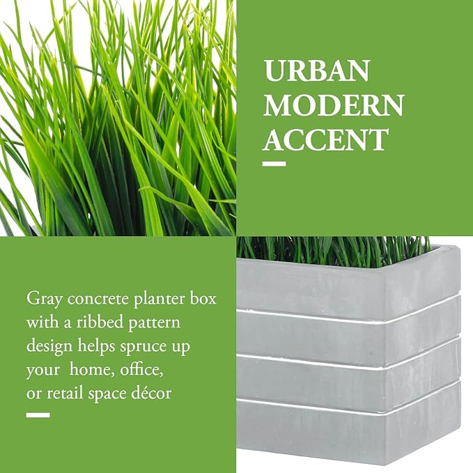 MyGift 15 Inch Artificial Green Grass Plants Potted in Ribbed Gray Concrete Planter Box, Tabletop Faux Greenery in Rectangular Cement Pot Centerpiece Décor