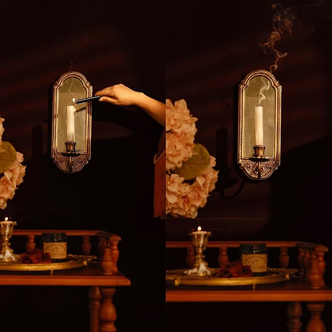 SOFFEE DESIGN Vintage Gold Wall-Mounted Candle Sconce with Mirror - Floral Base & 3D Woven Texture for Bathroom, Dining Room, Entryway