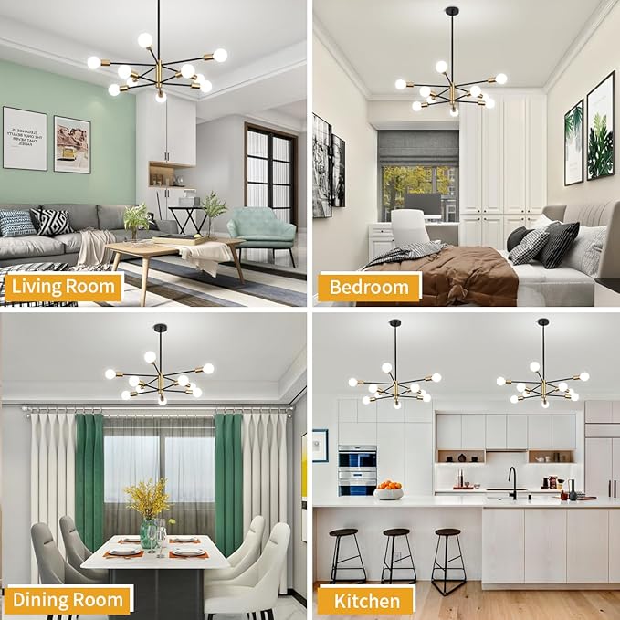 10-Light Modern Chandelier Sputnik Light Fixtures, Mid Century Chandelier Dining Room Light, Black and Gold Ceiling Lights Chandeliers for Bedroom Living Room Kitchen