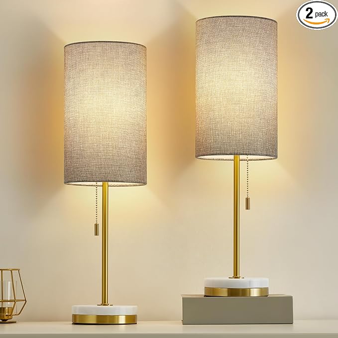 Luvkczc Minimalist Table Lamp Set of 2, Nightstand Lamp for Bedroom Living Room, Modern Pull Chain Bedside Lamp with Marble Base, Fabric Shade, Small Desk Lamp for Home, Office, Reading,Grey