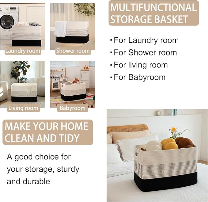 OIAHOMY 108L Large Cotton Rope Basket, Rectangle Woven Baskets for Storage, Nursery Blanket Storage Living Room, Toy Basket With Handle-25”x16”x16”-Gradient Black