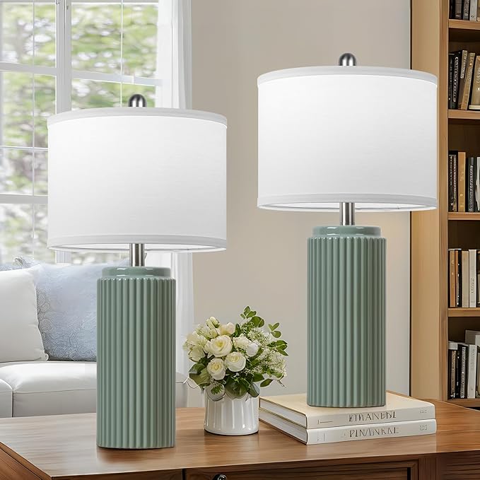 TOBUSA 23.5’’ Modern Green Ceramic Table Lamps Set of 2 for Living Room, Farmhouse Ceramic Bedside Nightstand Lamps for Bedroom, Vintage Decorative Boho Lamps for Home End Table Dorm Office