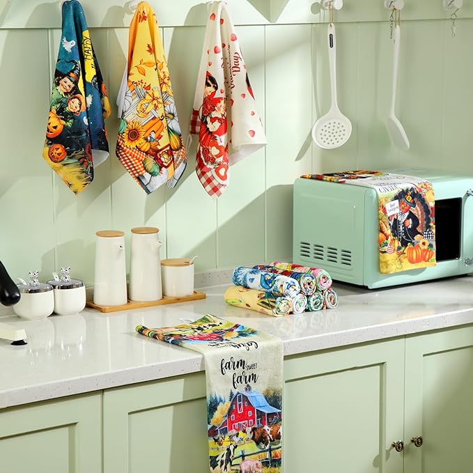 12 Pcs Seasonal Kitchen Towels Set for All Holidays Hand Dish Tea Towels Fall Halloween Christmas Cute Drying Dishcloths Decorative Absorbent Wash Cloths(Vintage Style)