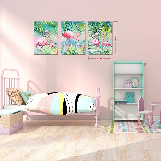 YUANAND Flamingo Wall Decor Animal Pictures - Palm Green Tropical Plant for Kids Girls Room Decor - Framed Posters Paintings Bedroom Decor