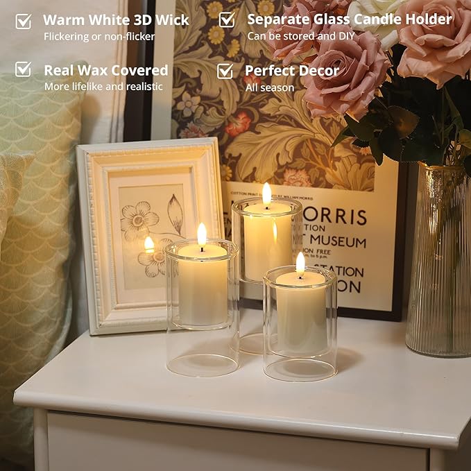 NURADA Flameless Candles with Remote Timer - Glass Real Wax 3D Wick LED Pillar Votive Candle Set Battery Operated Flickering Light for Home Christmas Decoration - White 3 Pack