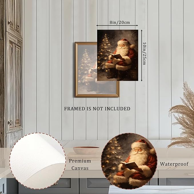 RETRART Christmas Wall Art Vintage Holiday Canvas Print with Santa Claus Christmas Tree, Christmas Pictures Wall Decor Waterproof Fade-Resistant Oil Painting Decor for Living Room, Bedroom(8"x10")