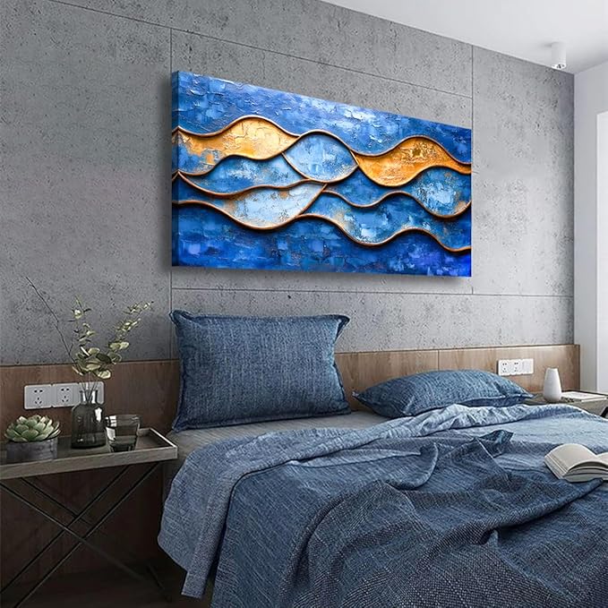 Abstract Pictures Canvas Wall Art for Living room Office Bedroom Wall Decor, Linear Wall Art Print Paintings Modern Blue Golden Abstraction Artwork Waterproof Ready to Hang-20x40inch