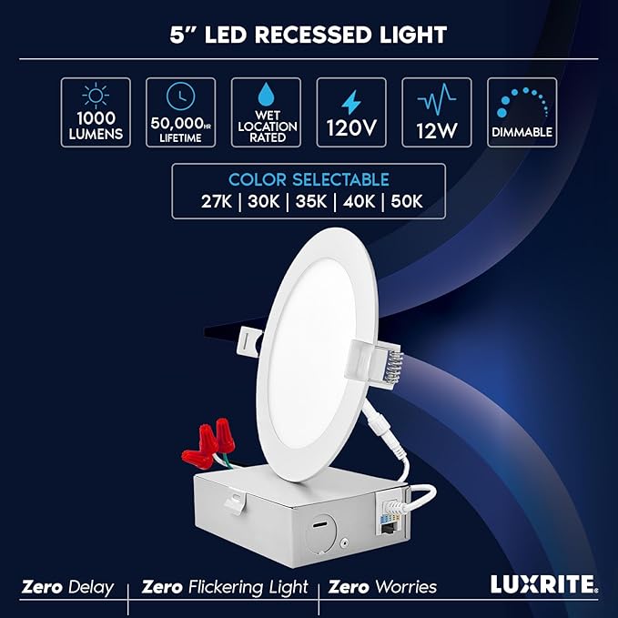 LUXRITE 12-Pack 5 Inch Ultra Thin LED Recessed Light with Junction Box, 12W, Color Selectable 2700K | 3000K | 3500K | 4000K | 5000K, Dimmable Wafer Lights, 1000 Lumens, ETL & Energy Star, IC Rated
