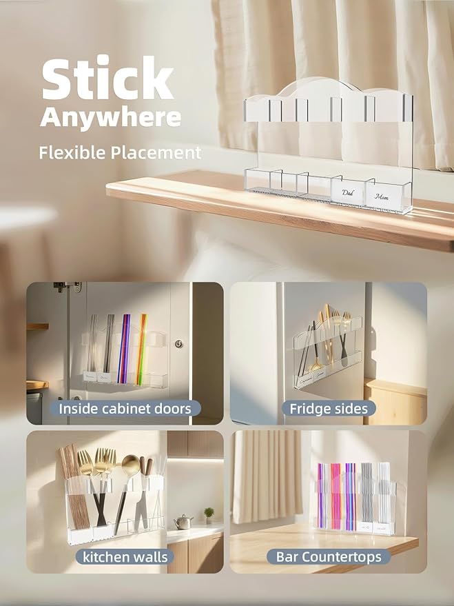 9.8" Acrylic Straw Holder for Cabinet Door - 5-Compartment Organizer with Ultra-Sticky Adhesive, Storage for Reusable Straws and Brushes, Kitchen & RV Essensials