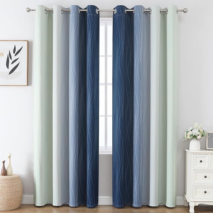 Estelar Textiler Navy Blue and Sage Green Ombre Blackout Curtains 84 Inch Length 2 Panels Set,Thermal Insulated Gradient Drapes for Bedroom,Full Room Darkening Grommet Curtains for Living Room,52Wx84L