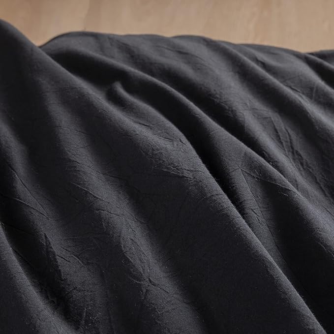BESTOUCH Duvet Cover Set 100% Washed Cotton Linen Feel Super Soft Comfortable Chic Lightweight 3 PCs Home Bedding Set Solid Deep Black Super King Plus