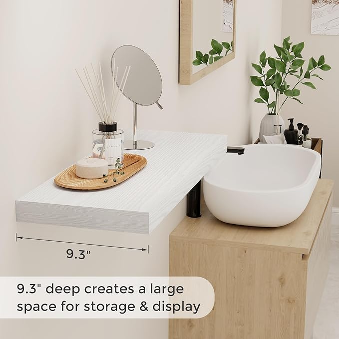 Fun Memories White Floating Shelves for Wall, 24 x 9.3 x 1.5 Large Floating Shelf Set of 2, 9.3 Deep Wall Shelf for Kitchen, Living Room, Rustic White Shelves for Home Decor & Storage