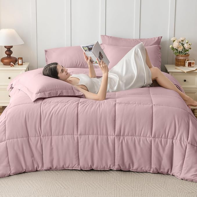 JOLLYVOGUE California King Comforter Set, Ultra-Soft Bed in a Bag Cal King Size 7 Pieces, Oeko-TEX Certified Bedding Set with Down Alternative Comforter, Sheets, Pillowcases & Shams, Camio Pink