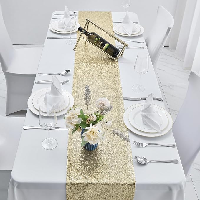 10 Packs 12 x 108 inches Champagne Gold Sequin Table Runner, Glitter Champagne Table Runner for Wedding Birthday Bachelorette Holiday Party Supplies Decorations Bridal Shower Baby Shower